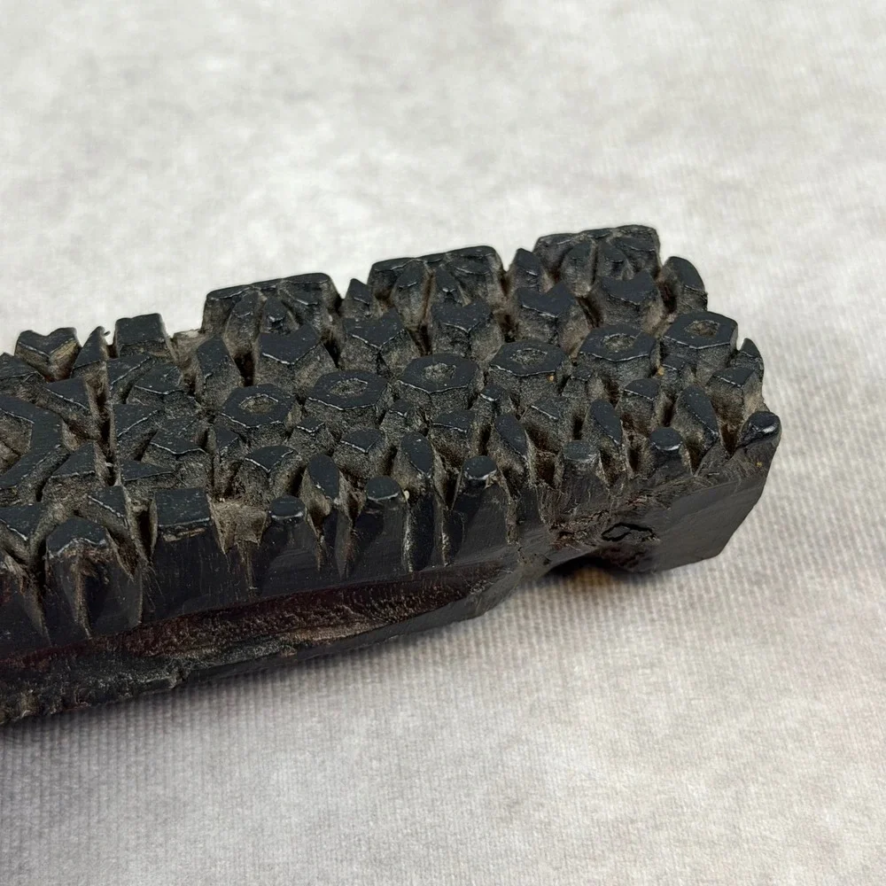Vintage Hand Carved Wooden Textile Printing Block Geometric Floral Design Stamp